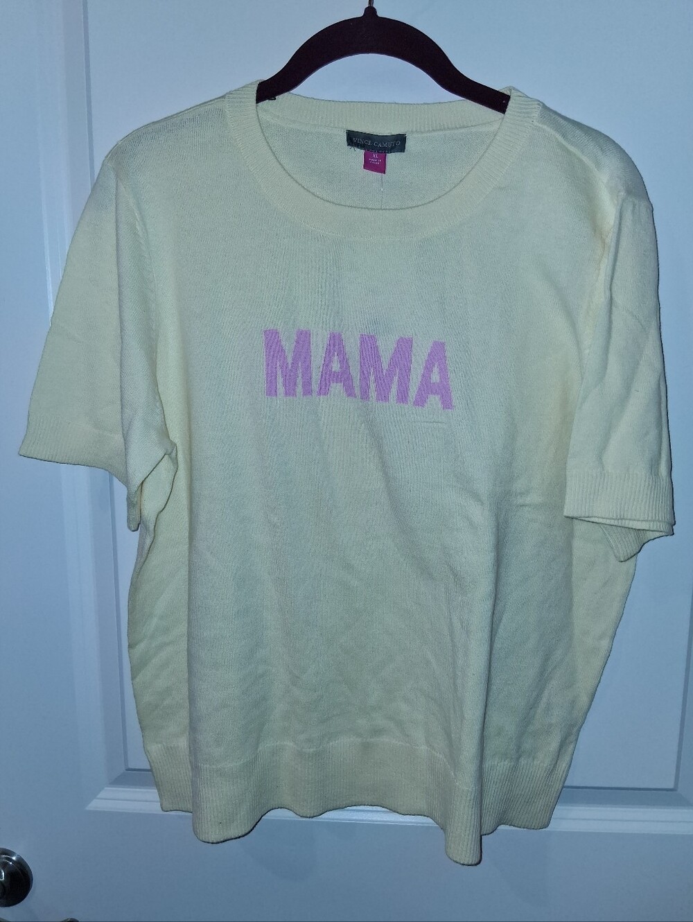 NEW Vince Camuto Yellow Short Sleeve MAMA Knit Tee Pink Spellout Logo Lady's XL